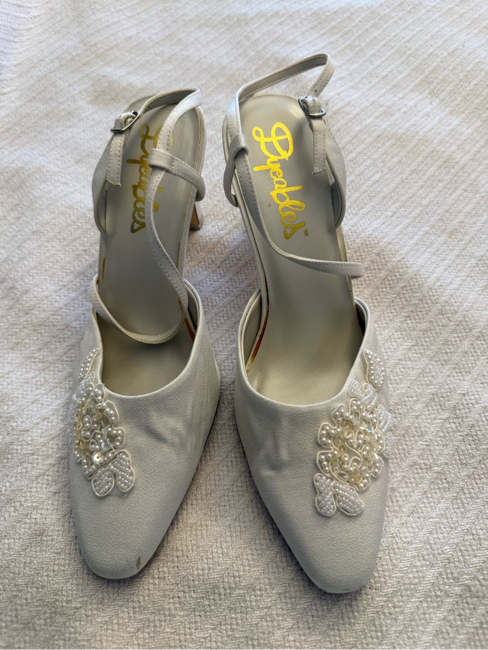 White Pearl-Embellished Women's Slingback Heels